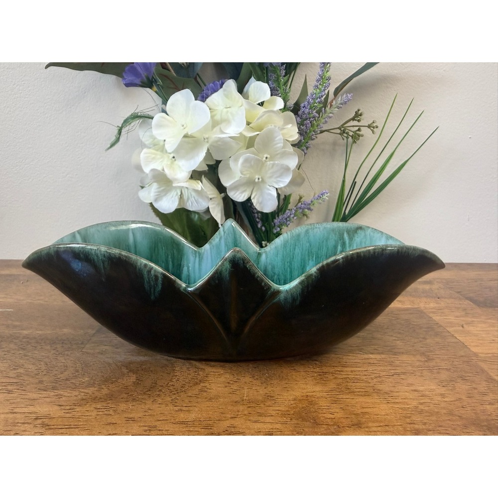 Vintage Blue Mountain Pottery Canada Drip Glaze Console Bowl Mid Century Lotus